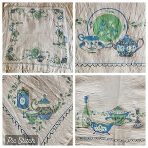 Vtg MCM Linen Tablecloth Teapot Teacup Dishes Blue Green Cottage 50x51" Grandma